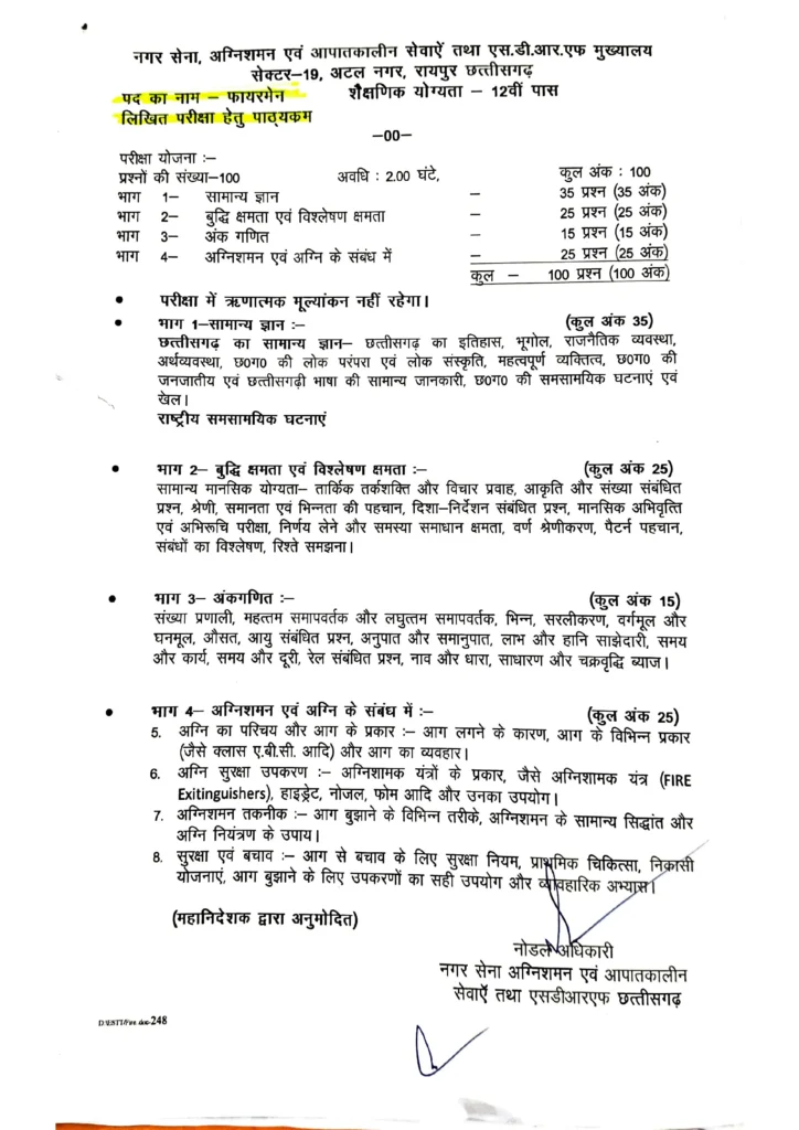 CG Vyapam Fireman Exam Syllabus 2026