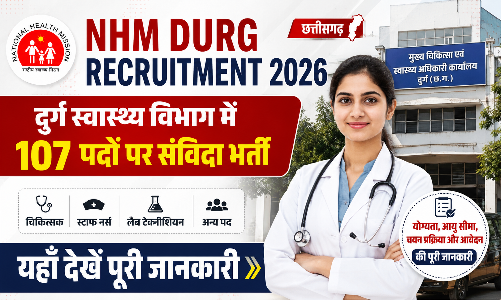 NHM Durg Recruitment 2026: दुर्ग स्वास्थ्य विभाग में 107 पदों पर संविदा भर्ती, यहाँ देखें पूरी जानकारी